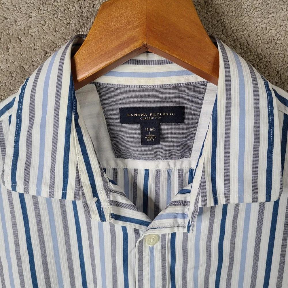 Banana Republic Shirt Mens L Blue Gray Striped Classic Fit Long Sleeve Button Up